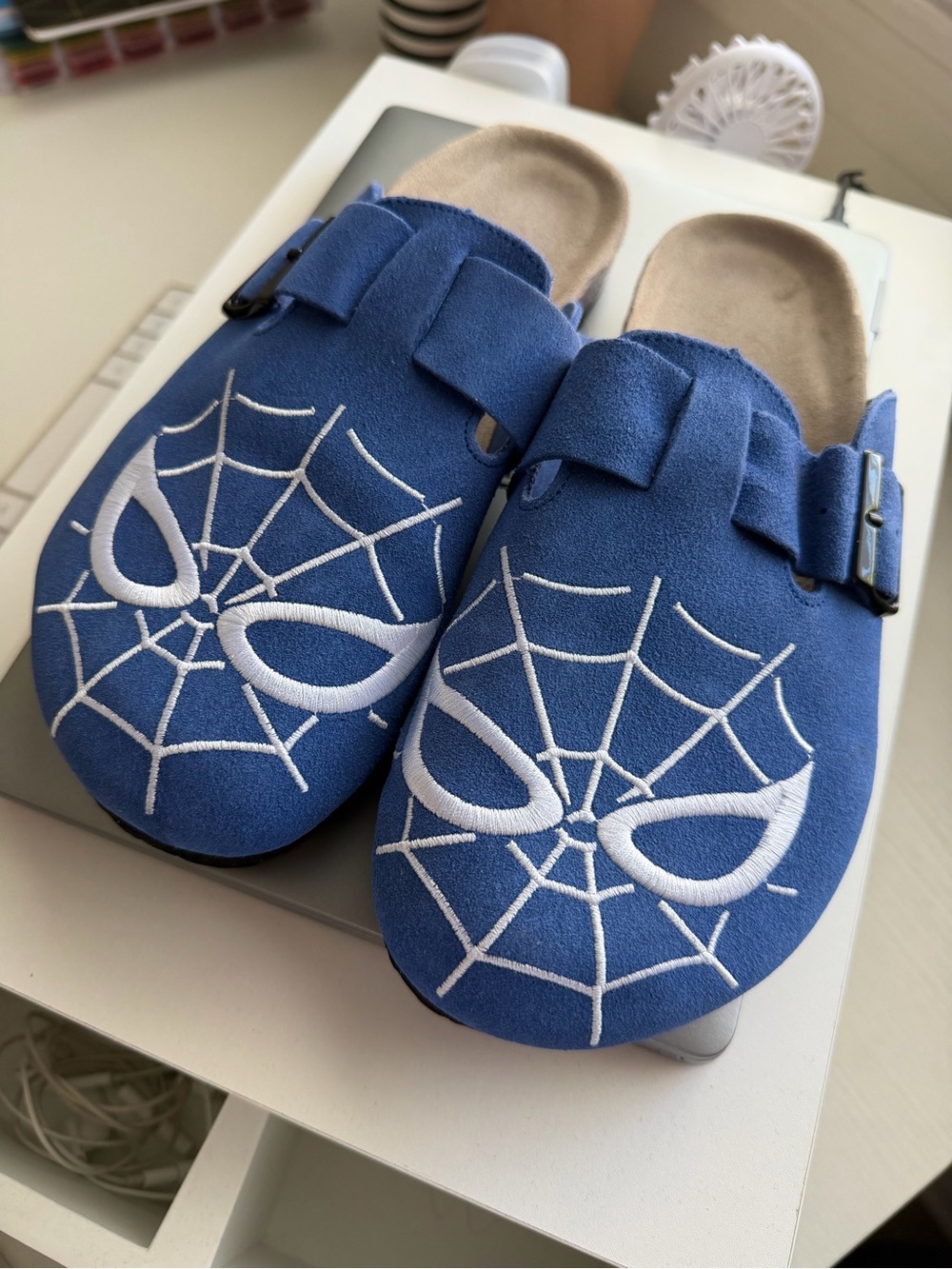 Blue Spider-Man clogs with white spiderweb and mask design men’s 7